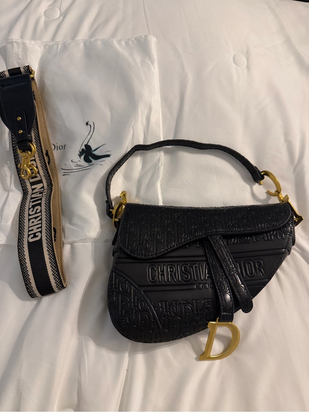 Black Embossed Saddle Bag with Gold Hardware